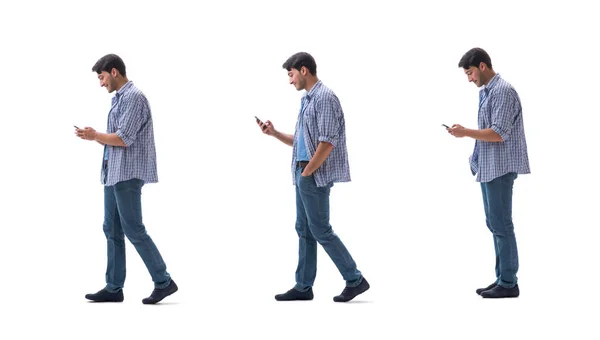 Jonge student met smartphone geïsoleerd op wit — Stockfoto