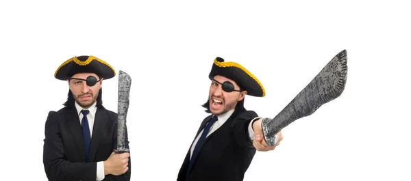 Піратський бізнесмен з шаблею ізольовано на білому — стокове фото