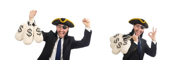 Pirate businessman holding money bags isolated on white — Stock Photo, Image