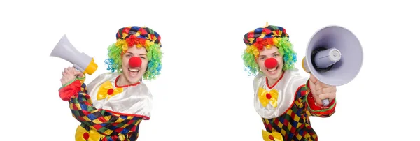 Clown con altoparlante isolato su bianco — Foto Stock