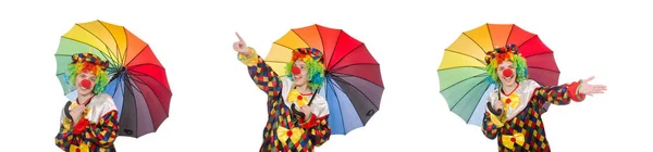 Clown med paraply isolerad på vitt — Stockfoto