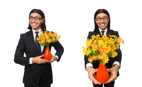 Bonito empresário com vaso de flores isolado em branco — Fotografia de Stock