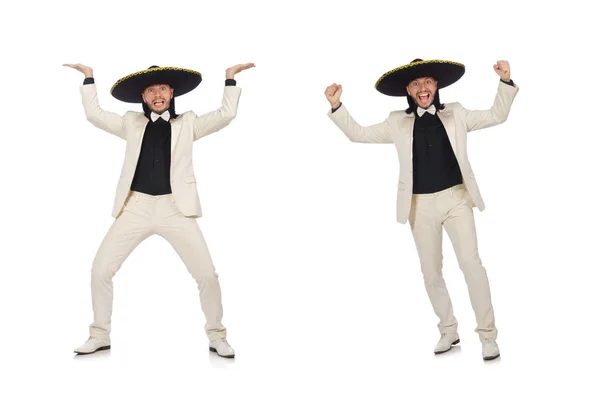 Grappige Mexicaanse in pak en sombrero geïsoleerd op wit — Stockfoto