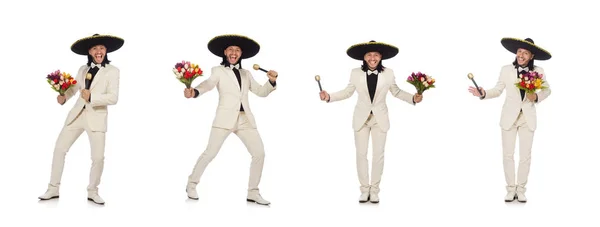 Mexicano engraçado em terno segurando flores isoladas em branco — Fotografia de Stock