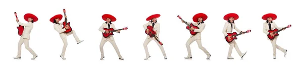 Lustiger Mexikaner im Anzug hält Gitarre isoliert auf weißem Grund — Stockfoto