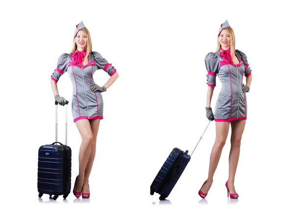 Airhostess met bagage op wit — Stockfoto