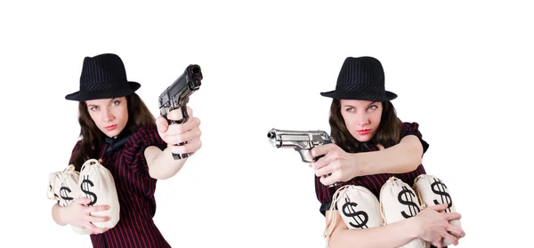 Žena gangster s pistolí na bílém — Stock fotografie