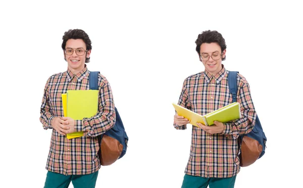 Student mit Büchern auf Weiß — Stockfoto