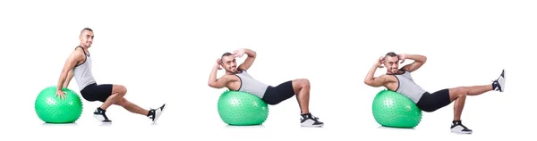 Mann mit Schweizer Ball macht Übungen auf Weiß — Stockfoto