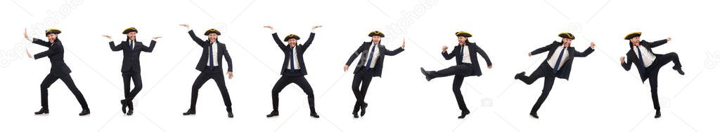 Young businessman wearing tricorn isolated on white