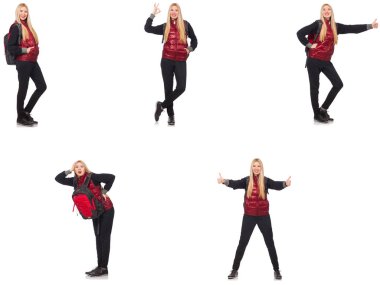 Sırt çantalı genç bir kadın bembeyaz 