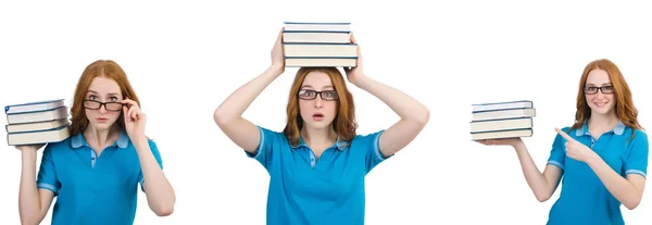 Studentin mit vielen Büchern auf Weiß — Stockfoto