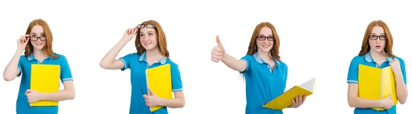 Vrouwelijke student met notes geïsoleerd op wit — Stockfoto