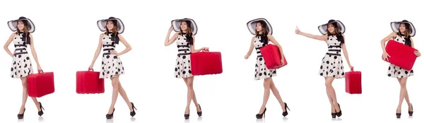 Beautiful woman with red suitcase — Stock Photo, Image