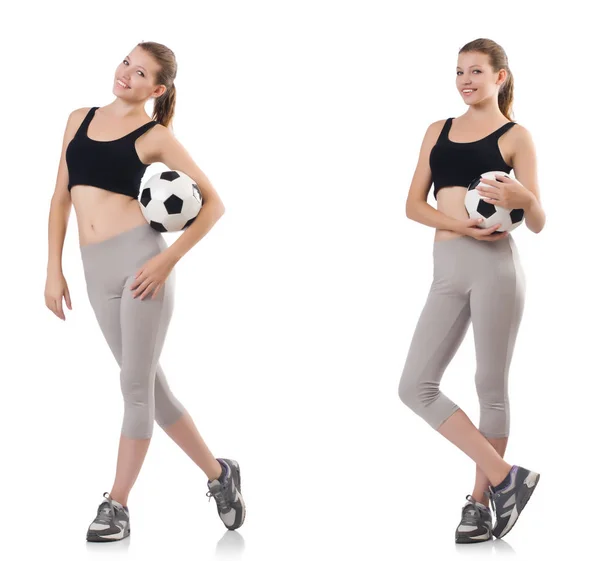 Junge Frau mit Fußball isoliert auf weiß — Stockfoto