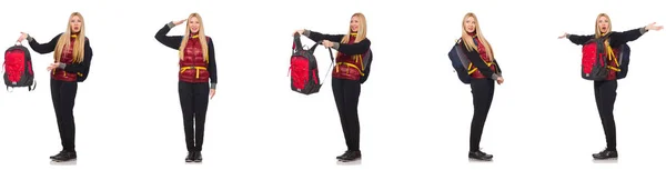 Junge Frau mit Rucksack isoliert auf weiß — Stockfoto