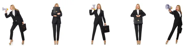 Бізнес-леді з мегафоном і портфелем — стокове фото