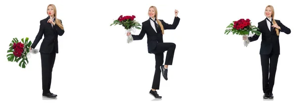 Donna d'affari con mazzo di fiori isolati su bianco — Foto Stock