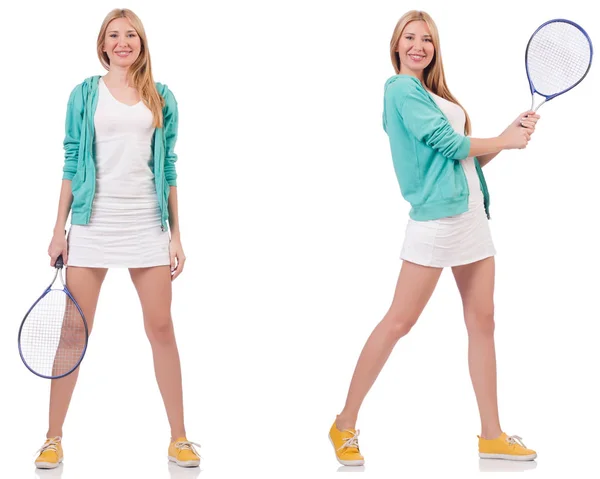 Young beautiful lady playing tennis isolated on white — Stock Photo, Image