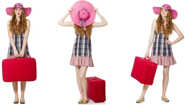 Young woman with suitcase isolated on white — Stock Photo, Image