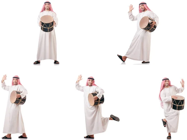 Pria Arab dengan drum terisolasi pada putih — Stok Foto