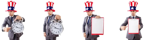 Mann mit amerikanischem Hut im Zeitmanagement-Konzept — Stockfoto