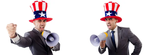 Hombre con sombrero americano con megáfono — Foto de Stock