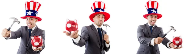 Man med amerikansk hatt och piggybank och hummer — Stockfoto