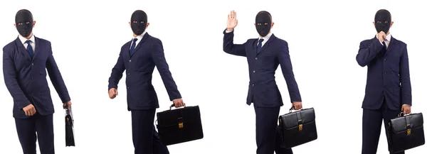 Man met masker en werkmap geïsoleerd op wit — Stockfoto