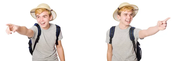 Young boy in cork helmet with backpack — Stock Photo, Image