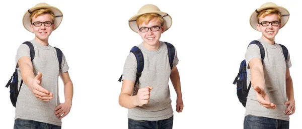 Young boy in cork helmet with backpack — Stock Photo, Image