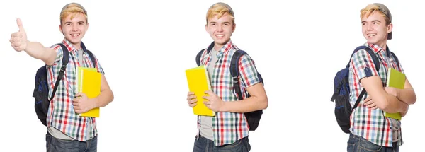 Студент с рюкзаком и записками на белом — стоковое фото