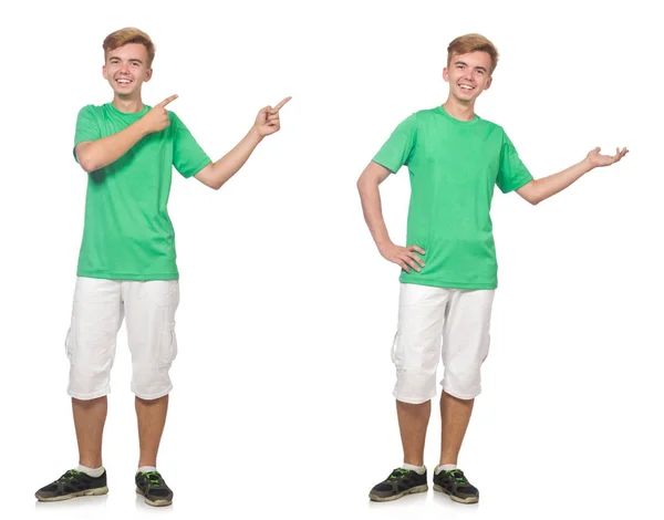 Kleiner Junge in grünem T-Shirt isoliert auf weißem Grund — Stockfoto