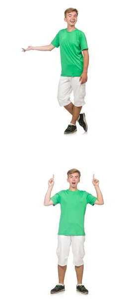 Fiatal fiú elszigetelt fehér zöld t-shirt — Stock Fotó