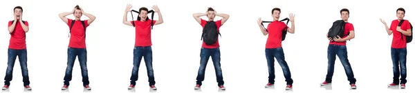 Mladý student s batohem izolované na bílém — Stock fotografie