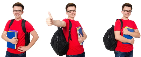 Jovem estudante com mochila isolada em branco — Fotografia de Stock