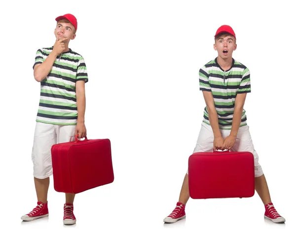 Mladý muž s červeným kufříkem izolovaný na bílém — Stock fotografie