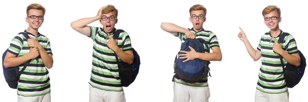 Jovem estudante com mochila isolada em branco — Fotografia de Stock