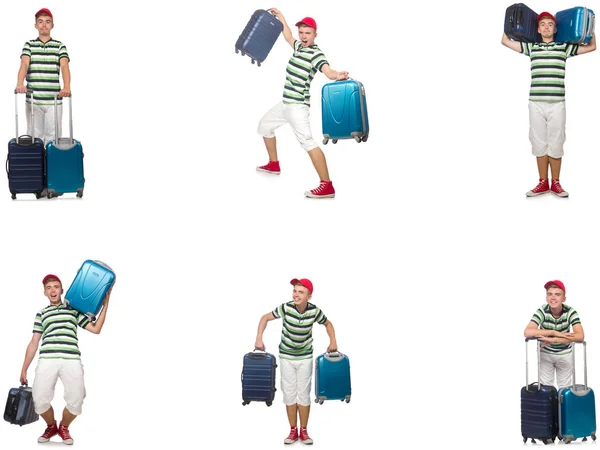 Young man with suitcase isolated on white — Stock Photo, Image