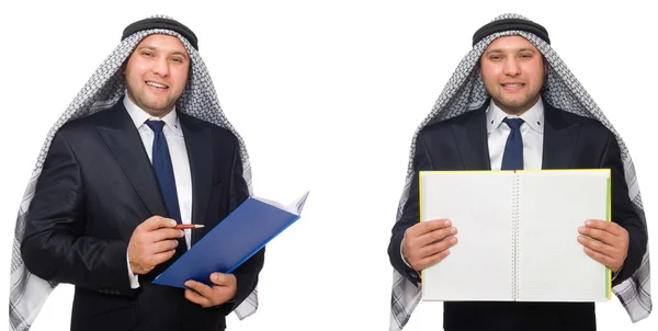 Arabischer Geschäftsmann mit Zetteln auf weißem Grund — Stockfoto
