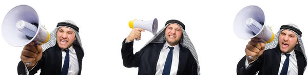 Arabischer Geschäftsmann mit Megafon isoliert auf weißem Grund — Stockfoto