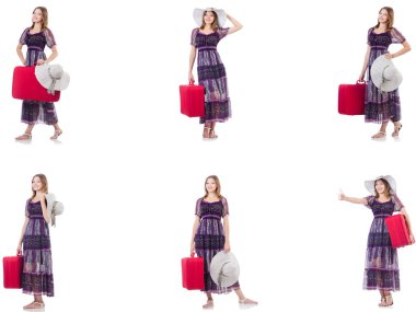 Bavullu genç bir kadın beyaz üzerine izole edilmiş. 