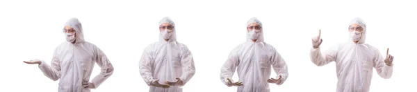 Людина в захисному костюмі ізольована на білому тлі — стокове фото