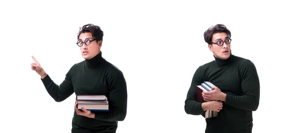 Jovem estudante nerd com livros isolados em branco — Fotografia de Stock