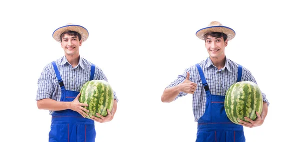 Unga jordbrukare med vattenmelon isolerad på vit — Stockfoto
