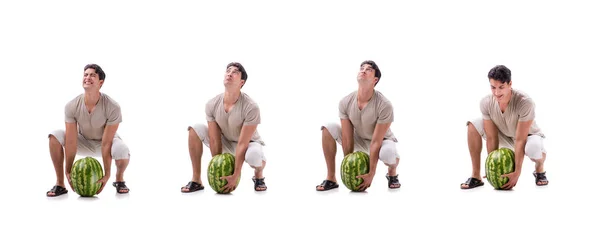 Ung man med vattenmelon isolerad på vitt — Stockfoto