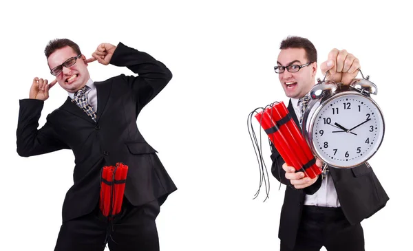 Hombre con bomba de tiempo aislado en blanco — Foto de Stock