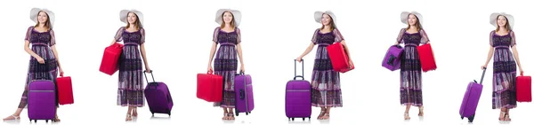 Young woman with suitcases isolated on white — Stock Photo, Image