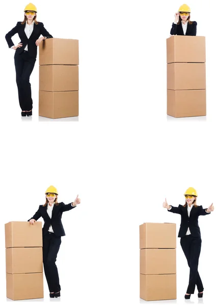 Woman builder with box isolated on white — Stock Photo, Image