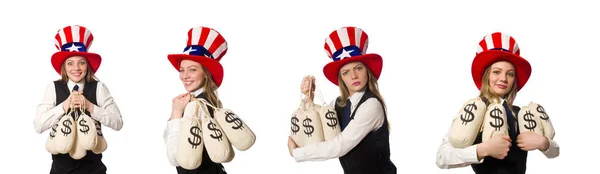 Nő pénzes zsákok elszigetelt fehér — Stock Fotó